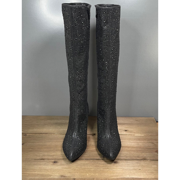 Top Moda Women's Mariha Knee High Boots Size 6.5 Black Rhinestone Zip Bling - Picture 3 of 16